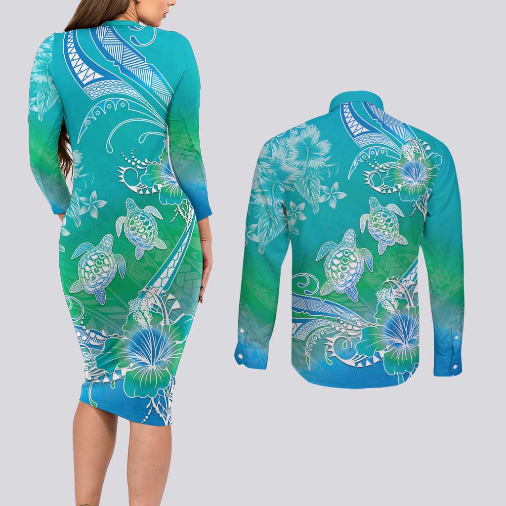 Polynesia Sea Turtle Couple Couples Matching Long Sleeve Bodycon Dress and Long Sleeve Button Shirt I Am Turtley In Love With You LT05 - Polynesian Pride