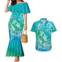 Polynesia Sea Turtle Couple Couples Matching Mermaid Dress and Hawaiian Shirt I Am Turtley In Love With You LT05 Turquoise - Polynesian Pride