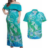 Polynesia Sea Turtle Couple Couples Matching Off Shoulder Maxi Dress and Hawaiian Shirt I Am Turtley In Love With You LT05 Turquoise - Polynesian Pride