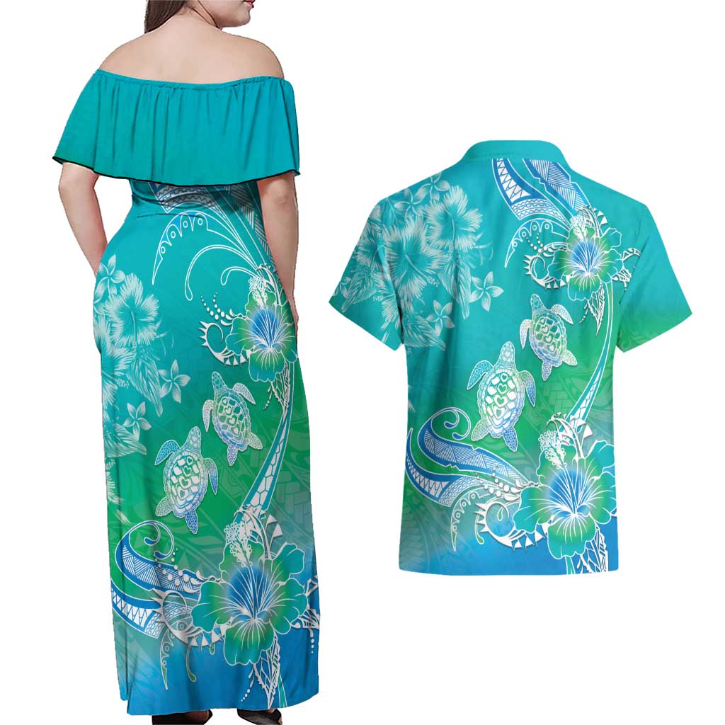 Polynesia Sea Turtle Couple Couples Matching Off Shoulder Maxi Dress and Hawaiian Shirt I Am Turtley In Love With You LT05 - Polynesian Pride