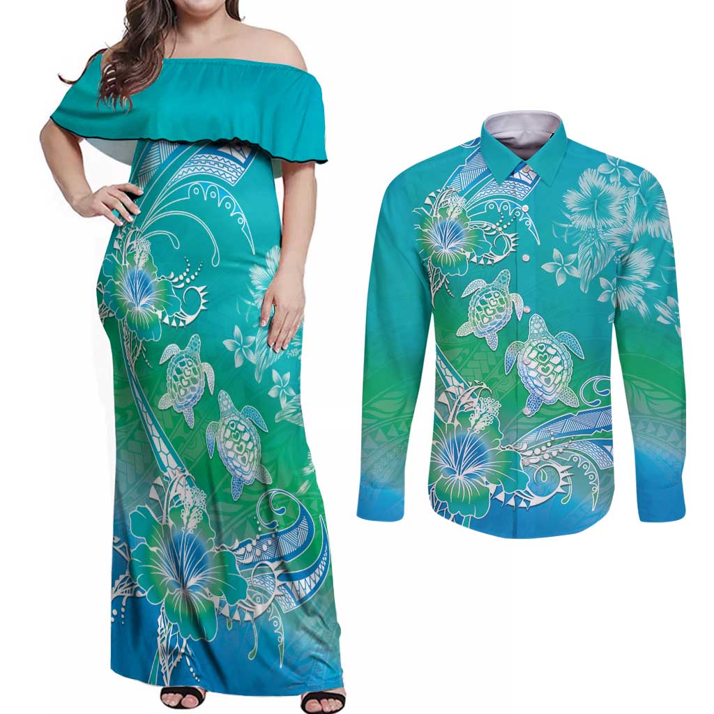 Polynesia Sea Turtle Couple Couples Matching Off Shoulder Maxi Dress and Long Sleeve Button Shirt I Am Turtley In Love With You LT05 Turquoise - Polynesian Pride