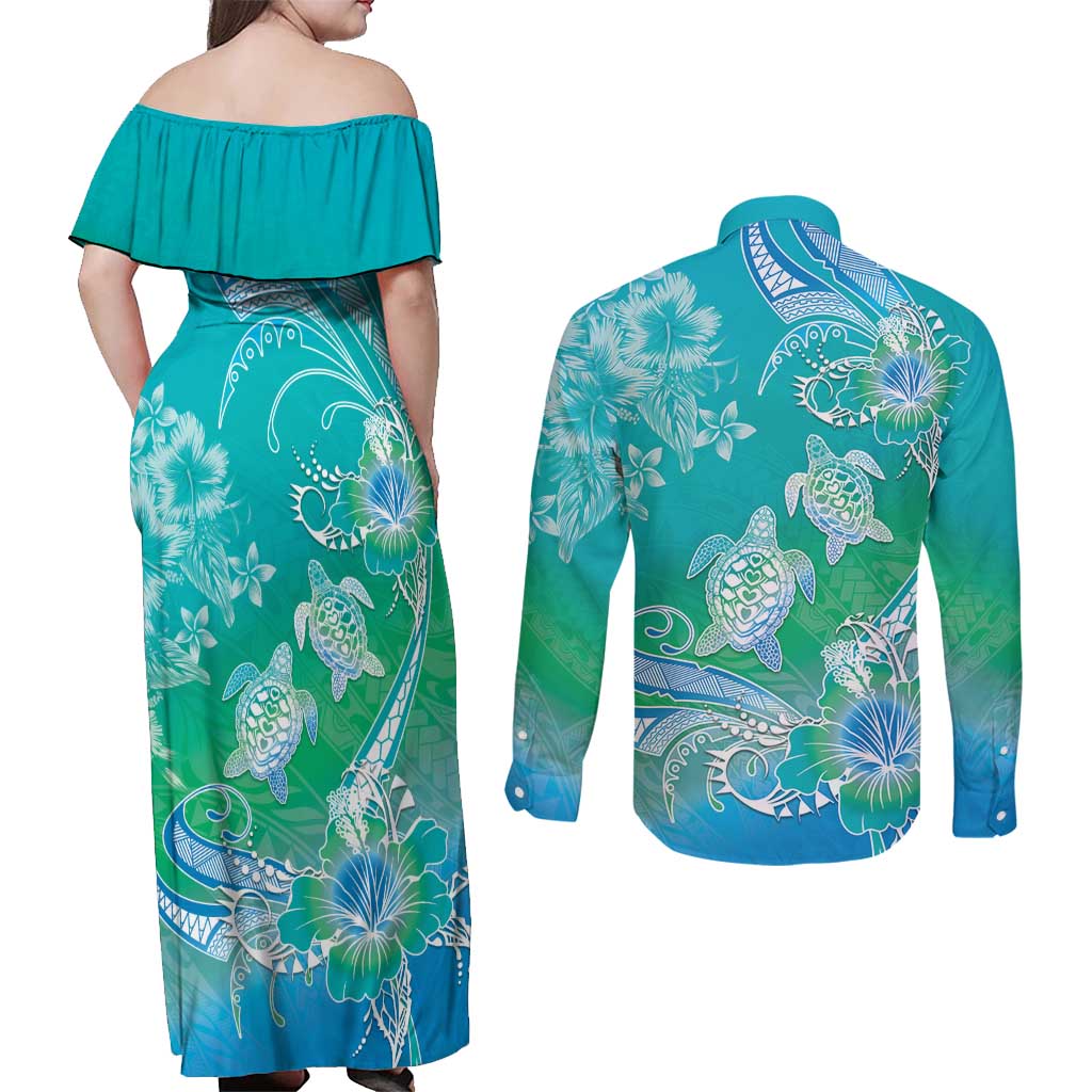Polynesia Sea Turtle Couple Couples Matching Off Shoulder Maxi Dress and Long Sleeve Button Shirt I Am Turtley In Love With You LT05 - Polynesian Pride