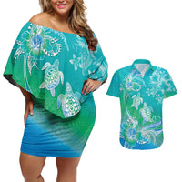 Polynesia Sea Turtle Couple Couples Matching Off Shoulder Short Dress and Hawaiian Shirt I Am Turtley In Love With You LT05 Turquoise - Polynesian Pride