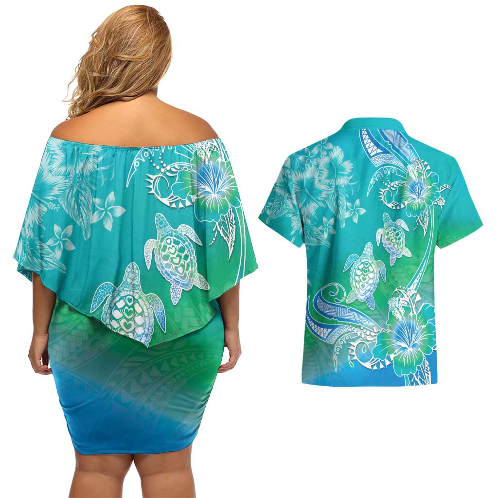 Polynesia Sea Turtle Couple Couples Matching Off Shoulder Short Dress and Hawaiian Shirt I Am Turtley In Love With You LT05 - Polynesian Pride