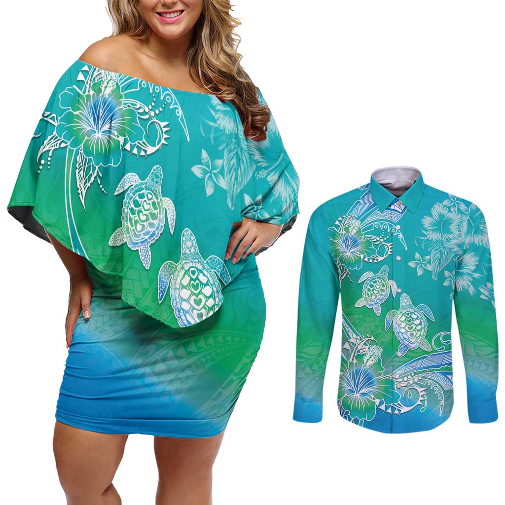Polynesia Sea Turtle Couple Couples Matching Off Shoulder Short Dress and Long Sleeve Button Shirt I Am Turtley In Love With You LT05 Turquoise - Polynesian Pride