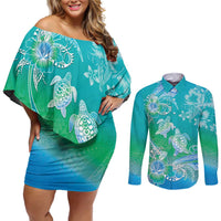 Polynesia Sea Turtle Couple Couples Matching Off Shoulder Short Dress and Long Sleeve Button Shirt I Am Turtley In Love With You LT05 Turquoise - Polynesian Pride