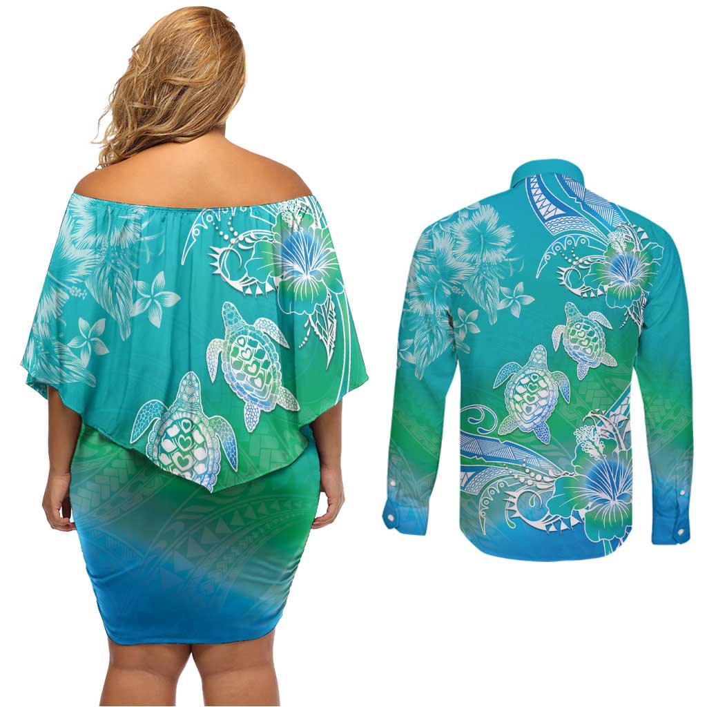 Polynesia Sea Turtle Couple Couples Matching Off Shoulder Short Dress and Long Sleeve Button Shirt I Am Turtley In Love With You LT05 - Polynesian Pride