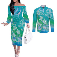 Polynesia Sea Turtle Couple Couples Matching Off The Shoulder Long Sleeve Dress and Long Sleeve Button Shirt I Am Turtley In Love With You LT05 Turquoise - Polynesian Pride