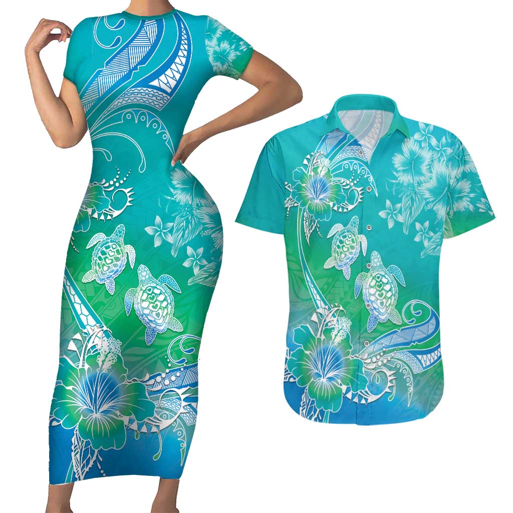 Polynesia Sea Turtle Couple Couples Matching Short Sleeve Bodycon Dress and Hawaiian Shirt I Am Turtley In Love With You LT05 Turquoise - Polynesian Pride