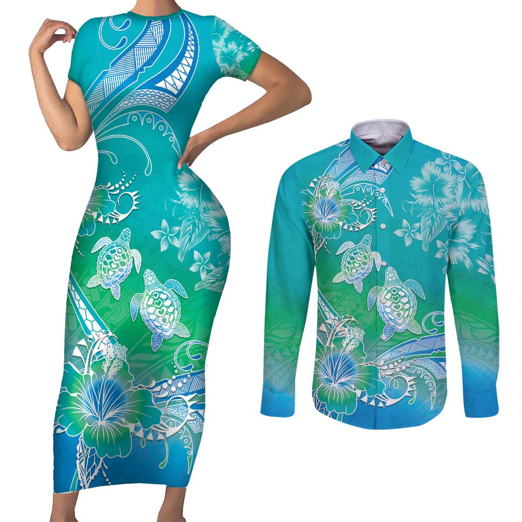 Polynesia Sea Turtle Couple Couples Matching Short Sleeve Bodycon Dress and Long Sleeve Button Shirt I Am Turtley In Love With You LT05 Turquoise - Polynesian Pride