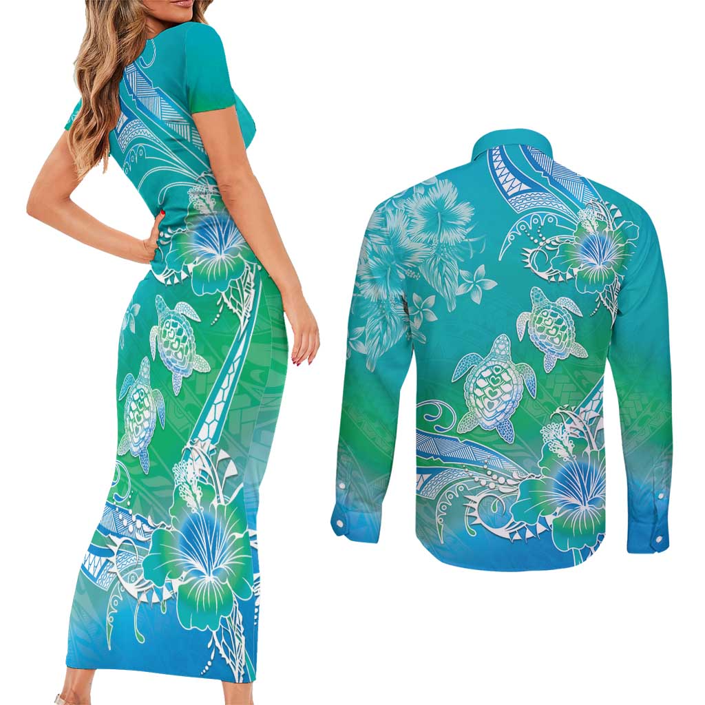 Polynesia Sea Turtle Couple Couples Matching Short Sleeve Bodycon Dress and Long Sleeve Button Shirt I Am Turtley In Love With You LT05 - Polynesian Pride