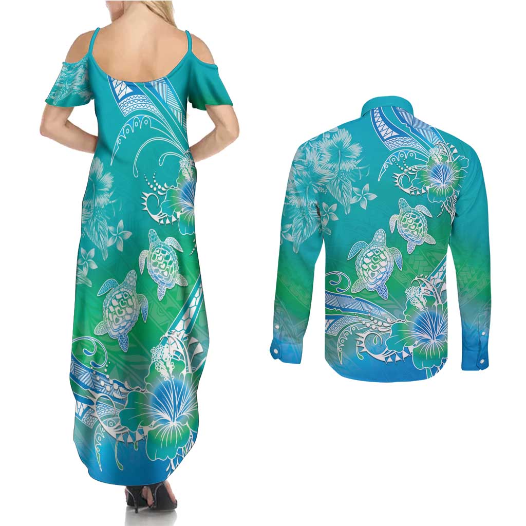 Polynesia Sea Turtle Couple Couples Matching Summer Maxi Dress and Long Sleeve Button Shirt I Am Turtley In Love With You LT05 - Polynesian Pride