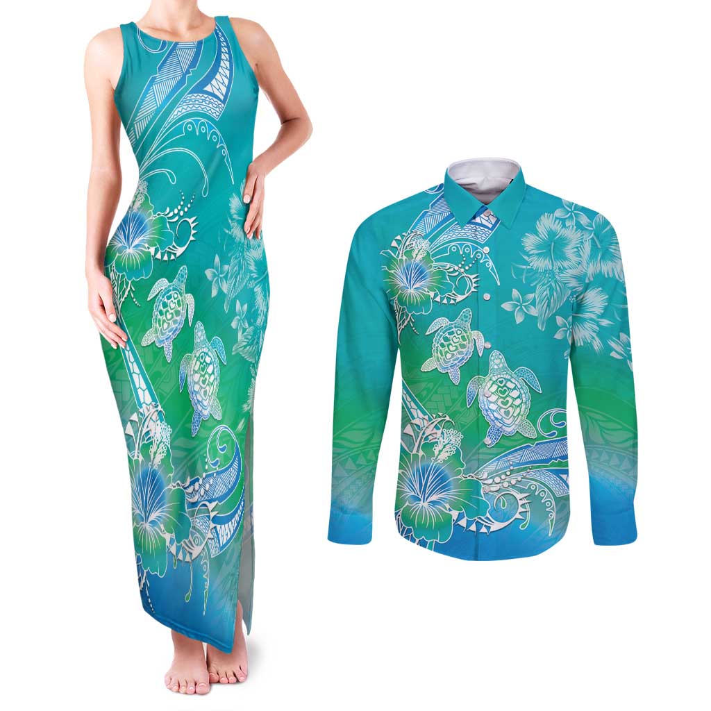 Polynesia Sea Turtle Couple Couples Matching Tank Maxi Dress and Long Sleeve Button Shirt I Am Turtley In Love With You LT05 Turquoise - Polynesian Pride