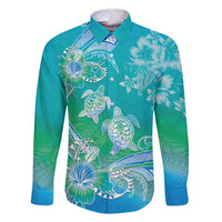 Polynesia Sea Turtle Couple Family Matching Mermaid Dress and Hawaiian Shirt I Am Turtley In Love With You LT05 Dad's Shirt - Long Sleeve Turquoise - Polynesian Pride