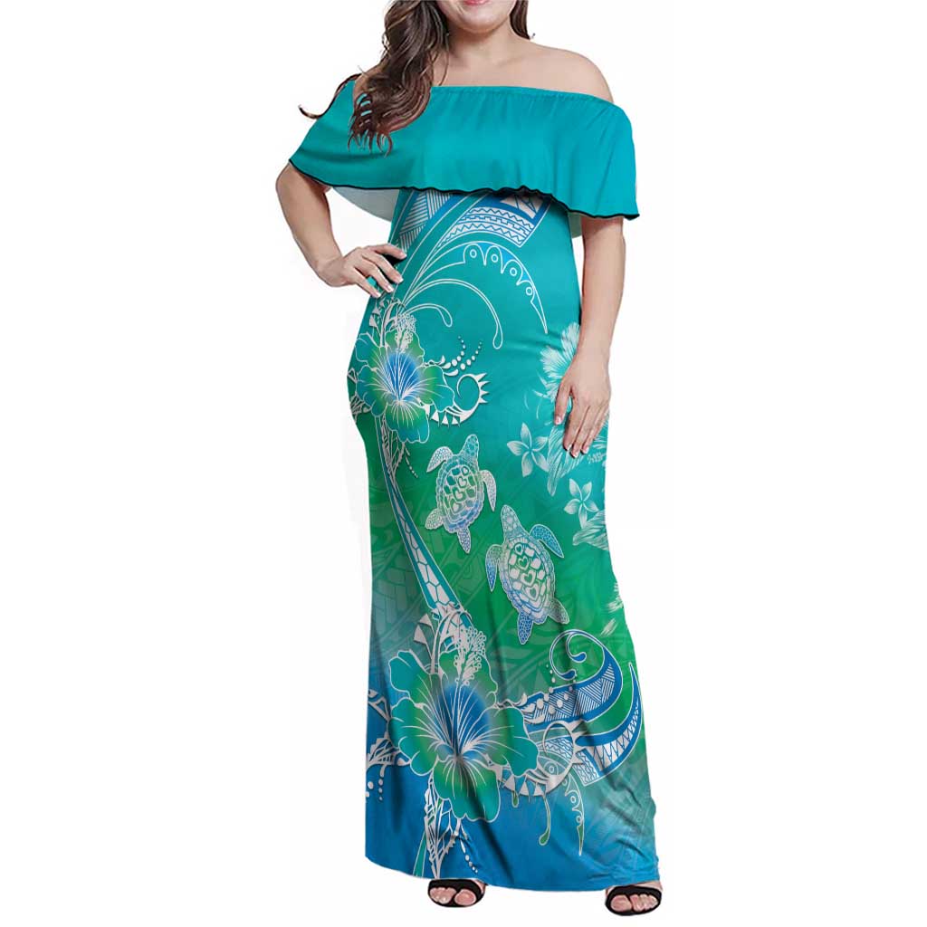 Polynesia Sea Turtle Couple Family Matching Off Shoulder Maxi Dress and Hawaiian Shirt I Am Turtley In Love With You LT05 Mom's Dress Turquoise - Polynesian Pride