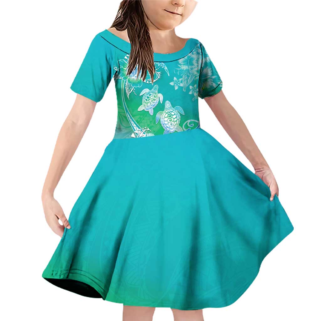 Polynesia Sea Turtle Couple Family Matching Off Shoulder Short Dress and Hawaiian Shirt I Am Turtley In Love With You LT05 Daughter's Dress Turquoise - Polynesian Pride