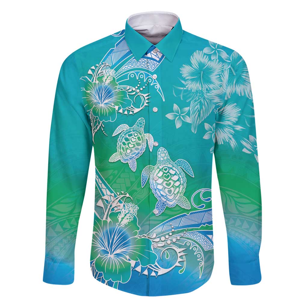 Polynesia Sea Turtle Couple Family Matching Puletasi and Hawaiian Shirt I Am Turtley In Love With You LT05 Dad's Shirt - Long Sleeve Turquoise - Polynesian Pride