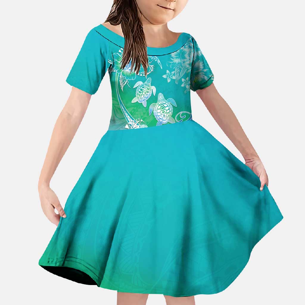 Polynesia Sea Turtle Couple Family Matching Short Sleeve Bodycon Dress and Hawaiian Shirt I Am Turtley In Love With You LT05 Daughter's Dress Turquoise - Polynesian Pride