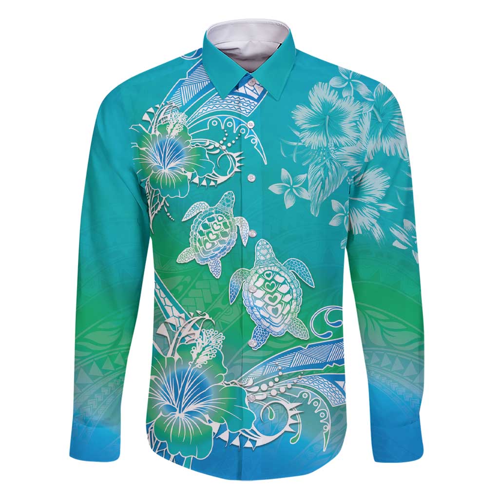 Polynesia Sea Turtle Couple Family Matching Short Sleeve Bodycon Dress and Hawaiian Shirt I Am Turtley In Love With You LT05 Dad's Shirt - Long Sleeve Turquoise - Polynesian Pride