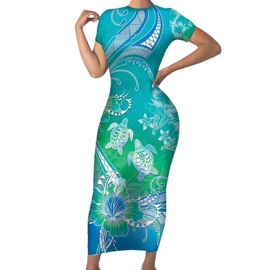 Polynesia Sea Turtle Couple Family Matching Short Sleeve Bodycon Dress and Hawaiian Shirt I Am Turtley In Love With You LT05 Mom's Dress Turquoise - Polynesian Pride