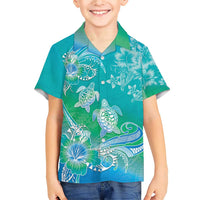 Polynesia Sea Turtle Couple Family Matching Short Sleeve Bodycon Dress and Hawaiian Shirt I Am Turtley In Love With You LT05 Son's Shirt Turquoise - Polynesian Pride