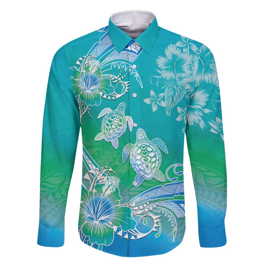 Polynesia Sea Turtle Couple Family Matching Summer Maxi Dress and Hawaiian Shirt I Am Turtley In Love With You LT05 Dad's Shirt - Long Sleeve Turquoise - Polynesian Pride