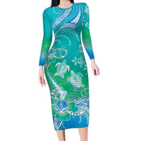 Polynesia Sea Turtle Couple Long Sleeve Bodycon Dress I Am Turtley In Love With You LT05 Long Dress Turquoise - Polynesian Pride