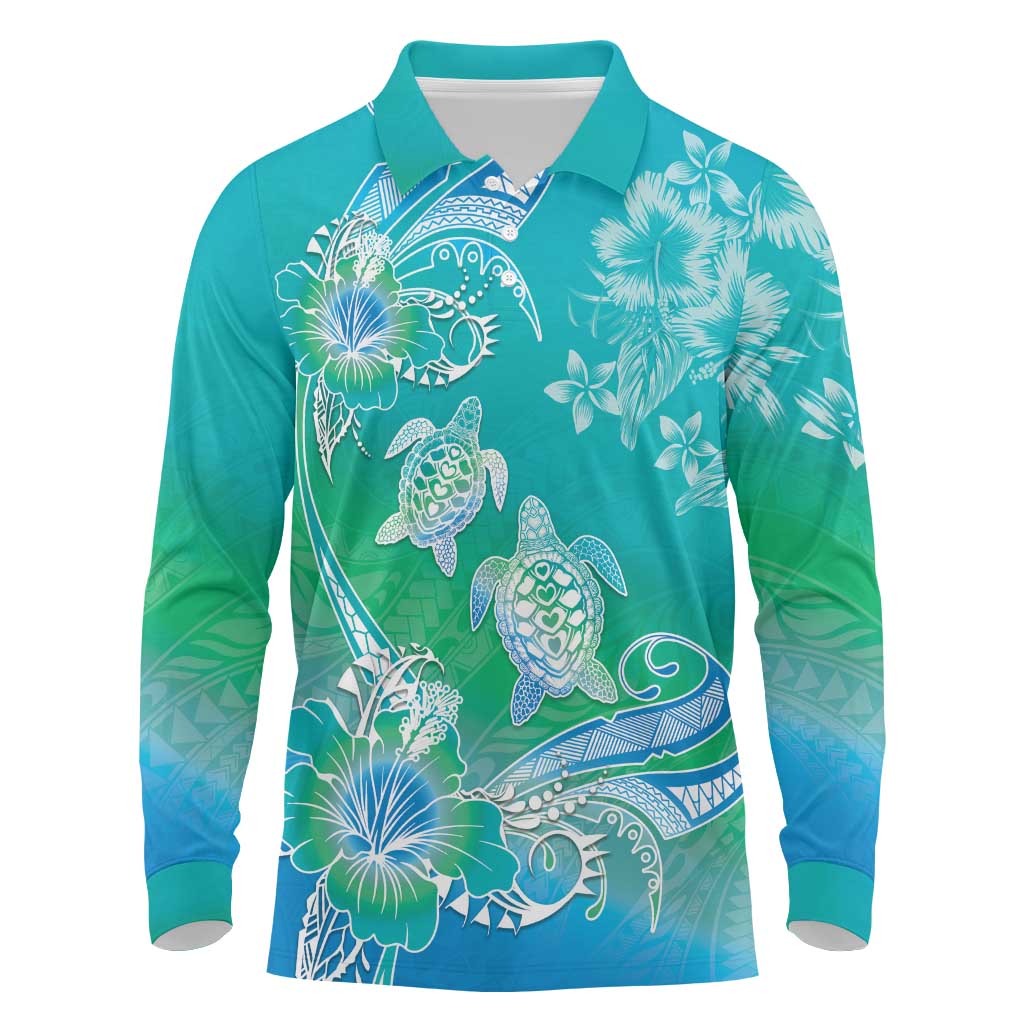 Polynesia Sea Turtle Couple Long Sleeve Polo Shirt I Am Turtley In Love With You LT05 Turquoise - Polynesian Pride