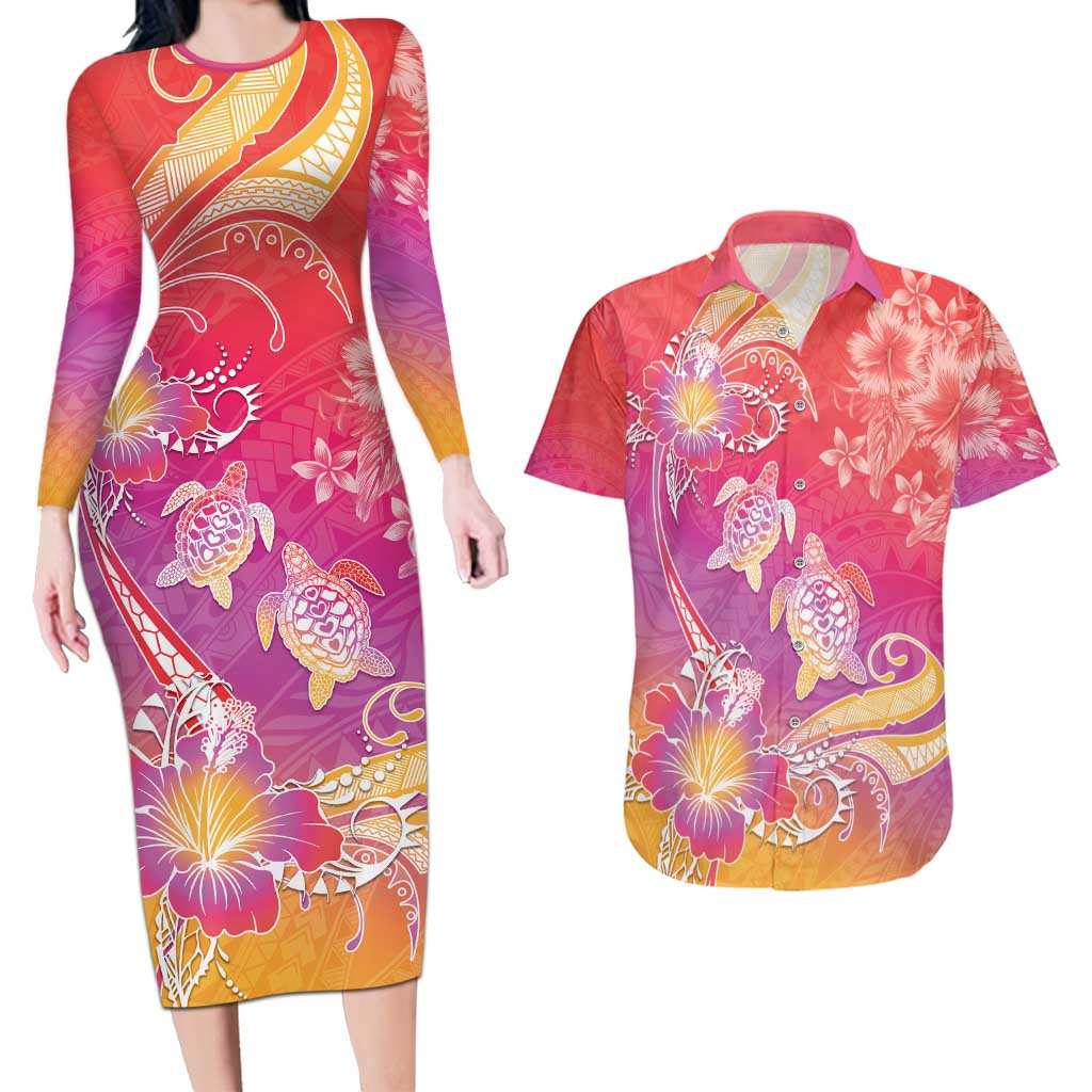 Polynesia Sea Turtle Couple Couples Matching Long Sleeve Bodycon Dress and Hawaiian Shirt One Soul One Love LT05 Red - Polynesian Pride
