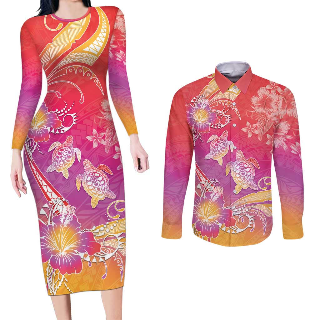 Polynesia Sea Turtle Couple Couples Matching Long Sleeve Bodycon Dress and Long Sleeve Button Shirt One Soul One Love LT05 Red - Polynesian Pride