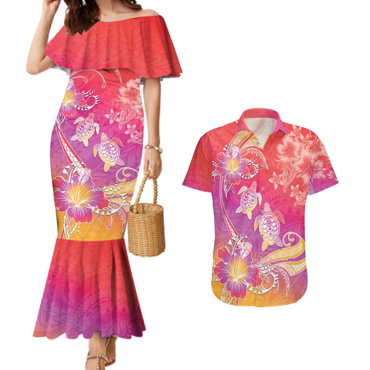 Polynesia Sea Turtle Couple Couples Matching Mermaid Dress and Hawaiian Shirt One Soul One Love LT05 Red - Polynesian Pride