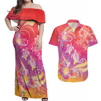 Polynesia Sea Turtle Couple Couples Matching Off Shoulder Maxi Dress and Hawaiian Shirt One Soul One Love LT05 Red - Polynesian Pride