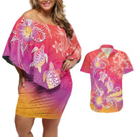 Polynesia Sea Turtle Couple Couples Matching Off Shoulder Short Dress and Hawaiian Shirt One Soul One Love LT05 Red - Polynesian Pride