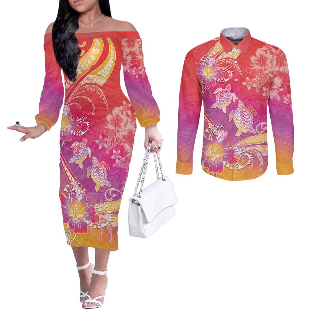 Polynesia Sea Turtle Couple Couples Matching Off The Shoulder Long Sleeve Dress and Long Sleeve Button Shirt One Soul One Love LT05 Red - Polynesian Pride