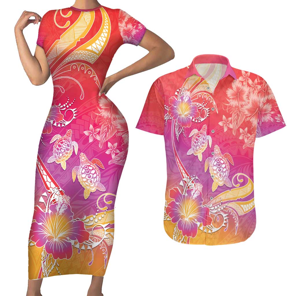Polynesia Sea Turtle Couple Couples Matching Short Sleeve Bodycon Dress and Hawaiian Shirt One Soul One Love LT05 Red - Polynesian Pride