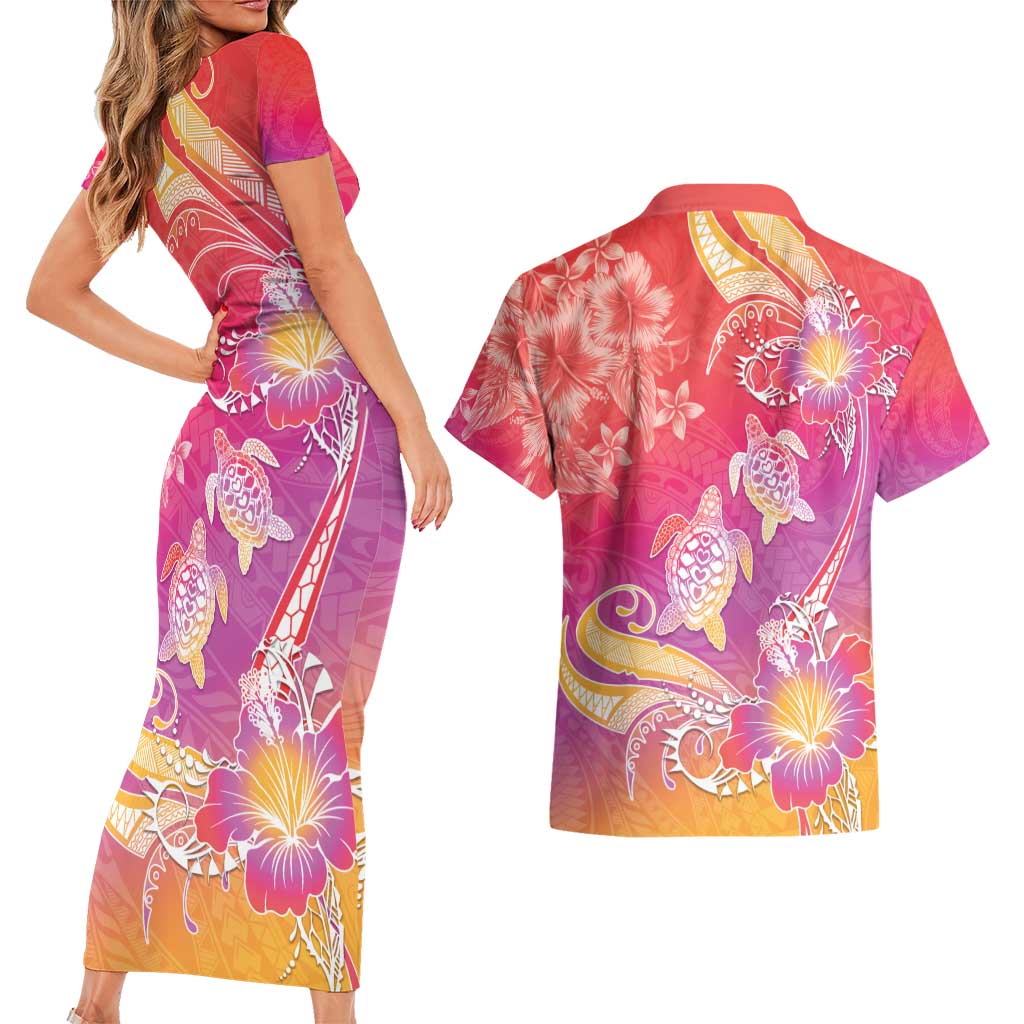 Polynesia Sea Turtle Couple Couples Matching Short Sleeve Bodycon Dress and Hawaiian Shirt One Soul One Love LT05 - Polynesian Pride