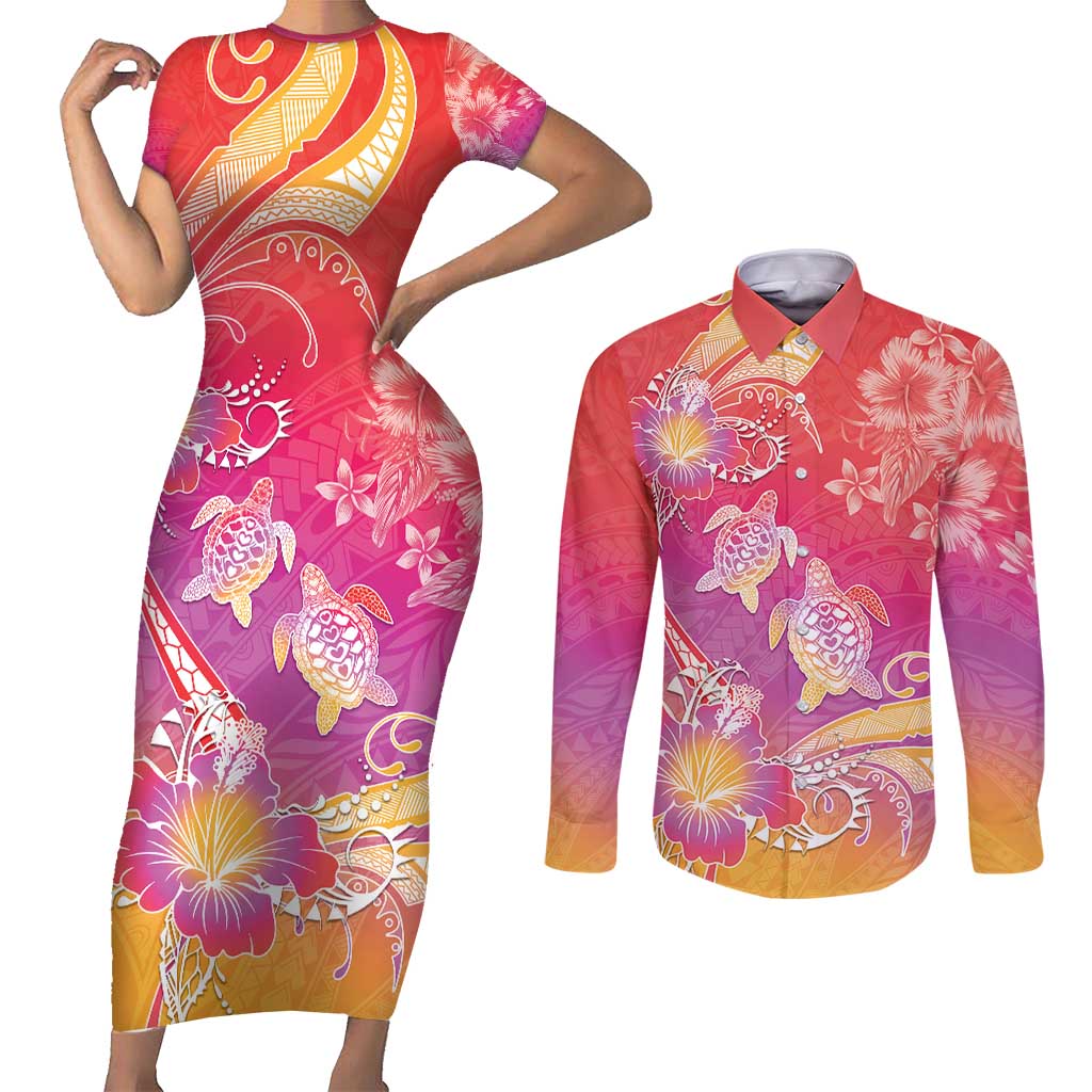 Polynesia Sea Turtle Couple Couples Matching Short Sleeve Bodycon Dress and Long Sleeve Button Shirt One Soul One Love LT05 Red - Polynesian Pride