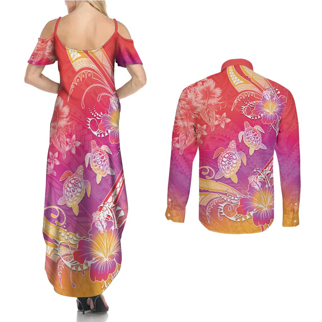 Polynesia Sea Turtle Couple Couples Matching Summer Maxi Dress and Long Sleeve Button Shirt One Soul One Love
