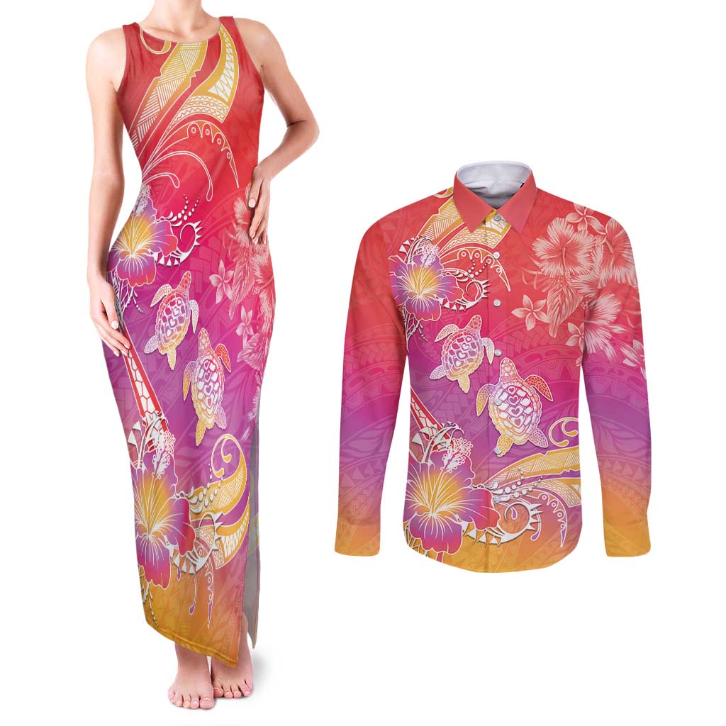 Polynesia Sea Turtle Couple Couples Matching Tank Maxi Dress and Long Sleeve Button Shirt One Soul One Love