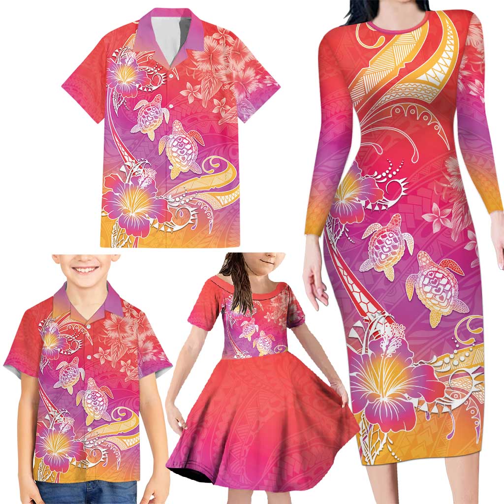 Polynesia Sea Turtle Couple Family Matching Long Sleeve Bodycon Dress and Hawaiian Shirt One Soul One Love LT05 - Polynesian Pride