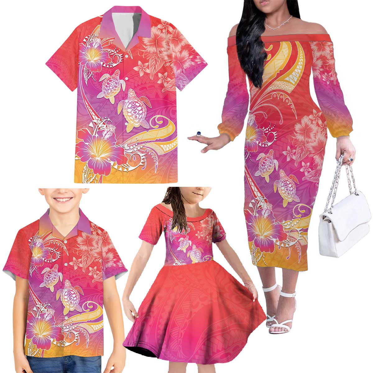 Polynesia Sea Turtle Couple Family Matching Off The Shoulder Long Sleeve Dress and Hawaiian Shirt One Soul One Love LT05 Red - Polynesian Pride