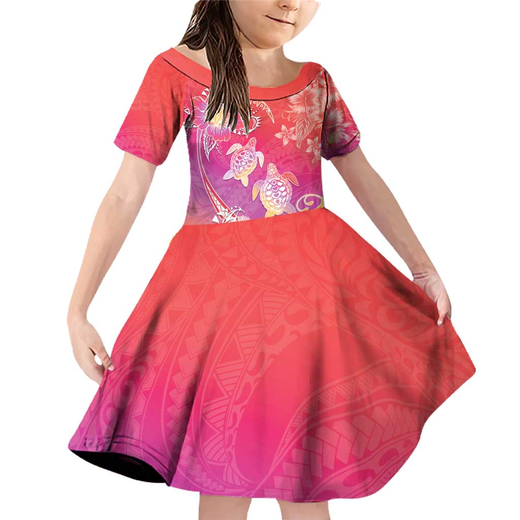 Polynesia Sea Turtle Couple Family Matching Off Shoulder Short Dress and Hawaiian Shirt One Soul One Love LT05 Daughter's Dress Red - Polynesian Pride
