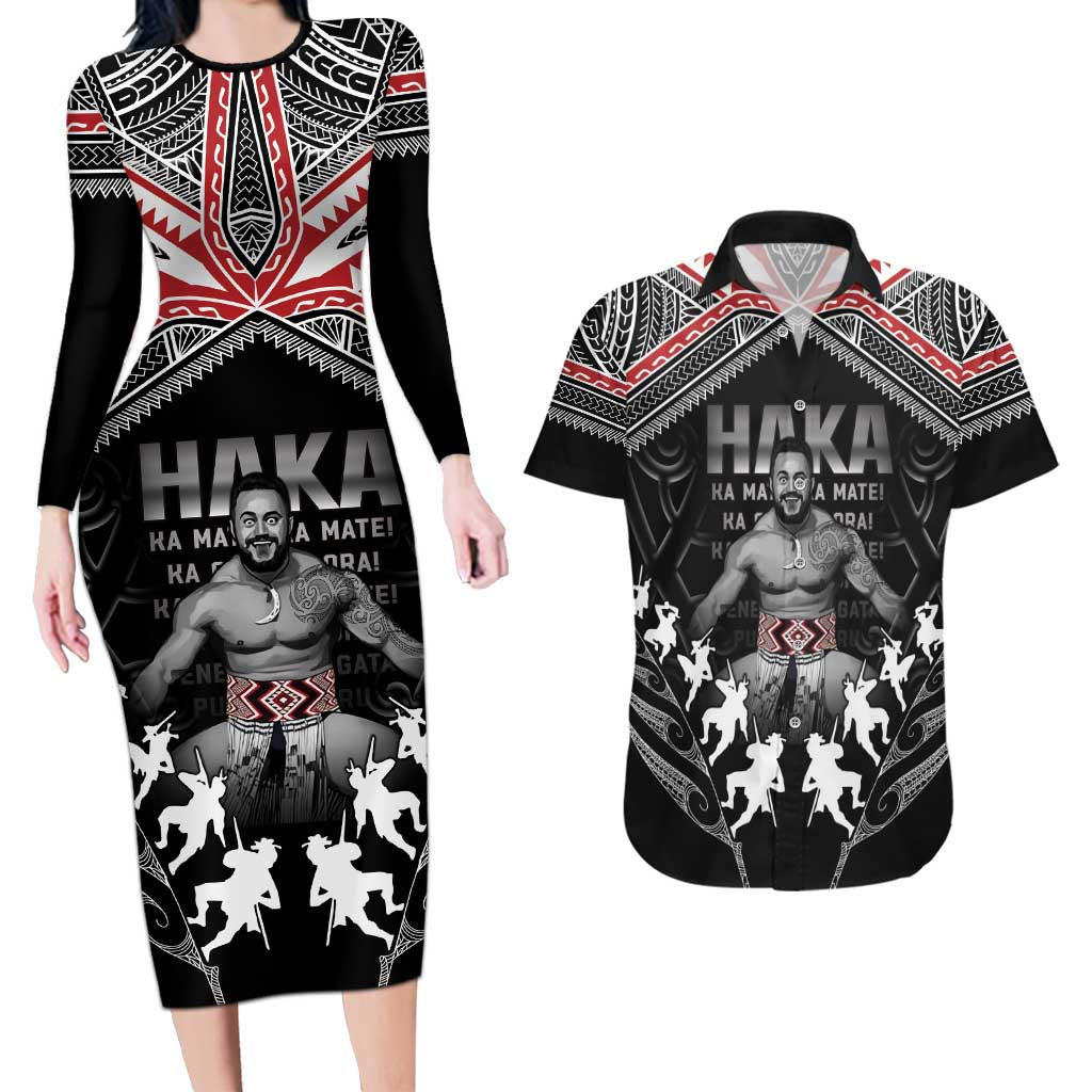 New Zealand Aotearoa Couples Matching Long Sleeve Bodycon Dress and Hawaiian Shirt Traditional Kapa Haka LT05 Black - Polynesian Pride