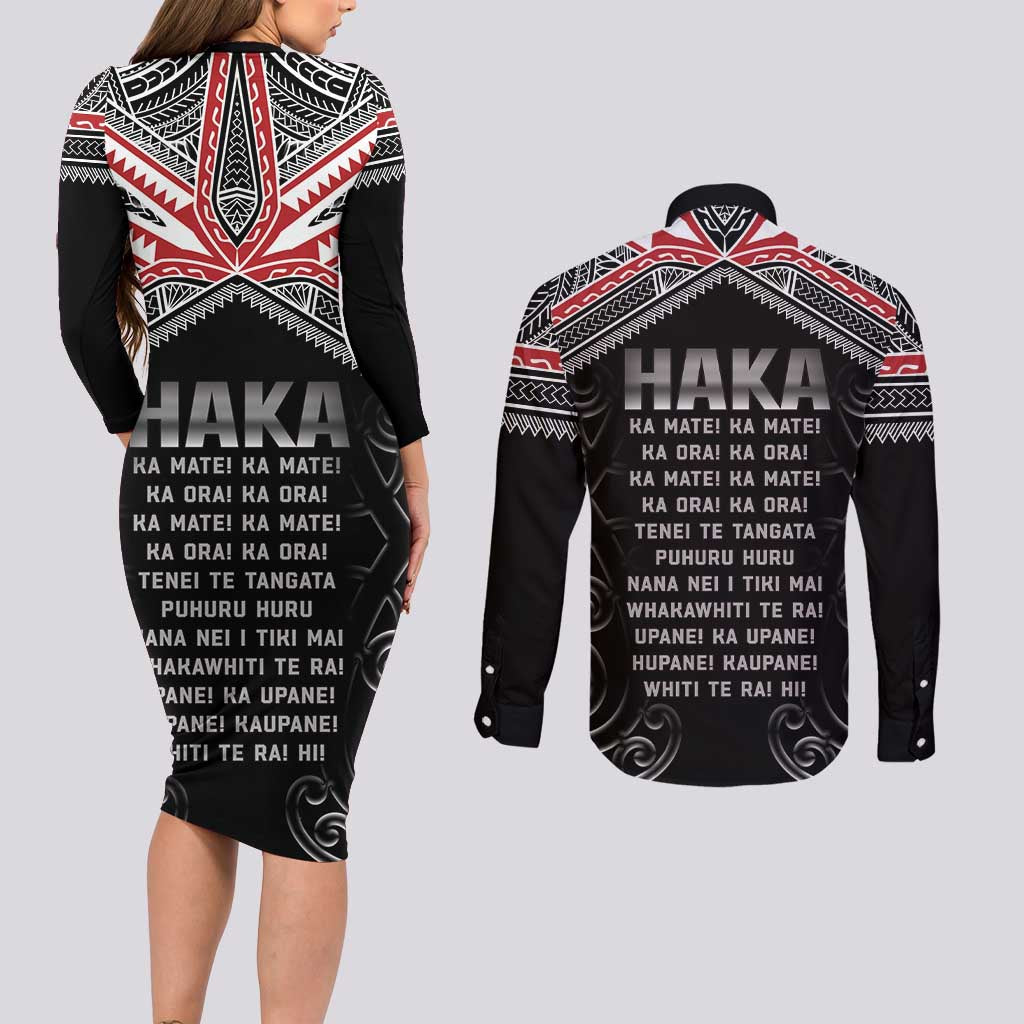 New Zealand Aotearoa Couples Matching Long Sleeve Bodycon Dress and Long Sleeve Button Shirt Traditional Kapa Haka LT05 - Polynesian Pride
