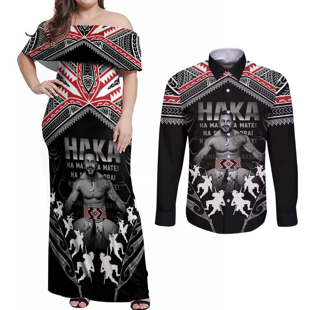 New Zealand Aotearoa Couples Matching Off Shoulder Maxi Dress and Long Sleeve Button Shirt Traditional Kapa Haka LT05 Black - Polynesian Pride