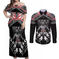 New Zealand Aotearoa Couples Matching Off Shoulder Maxi Dress and Long Sleeve Button Shirt Traditional Kapa Haka LT05 Black - Polynesian Pride