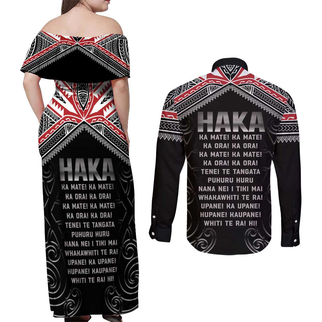 New Zealand Aotearoa Couples Matching Off Shoulder Maxi Dress and Long Sleeve Button Shirt Traditional Kapa Haka LT05 - Polynesian Pride