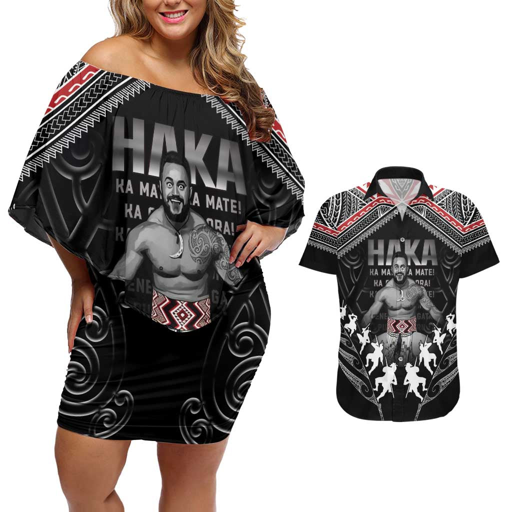 New Zealand Aotearoa Couples Matching Off Shoulder Short Dress and Hawaiian Shirt Traditional Kapa Haka LT05 Black - Polynesian Pride