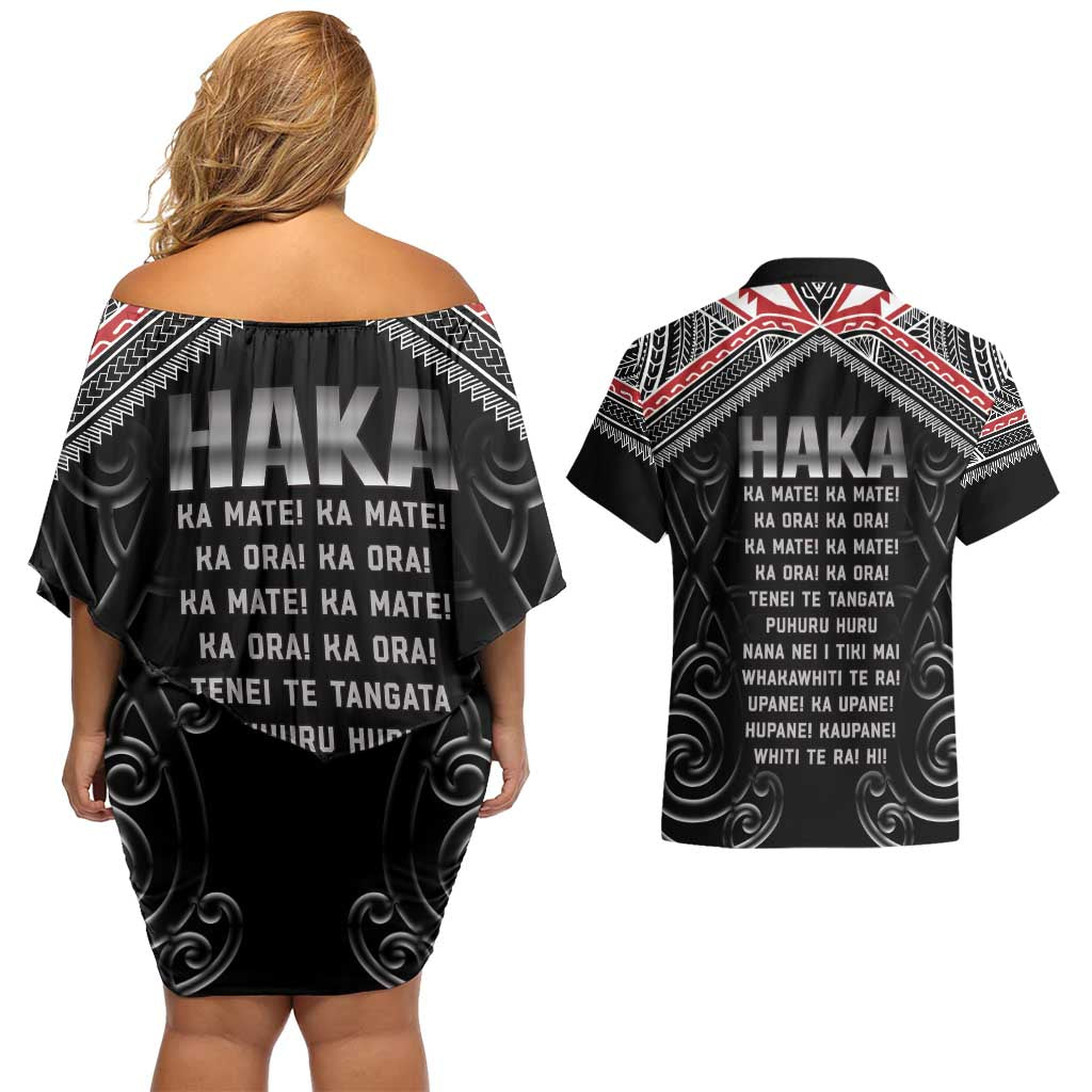 New Zealand Aotearoa Couples Matching Off Shoulder Short Dress and Hawaiian Shirt Traditional Kapa Haka LT05 - Polynesian Pride