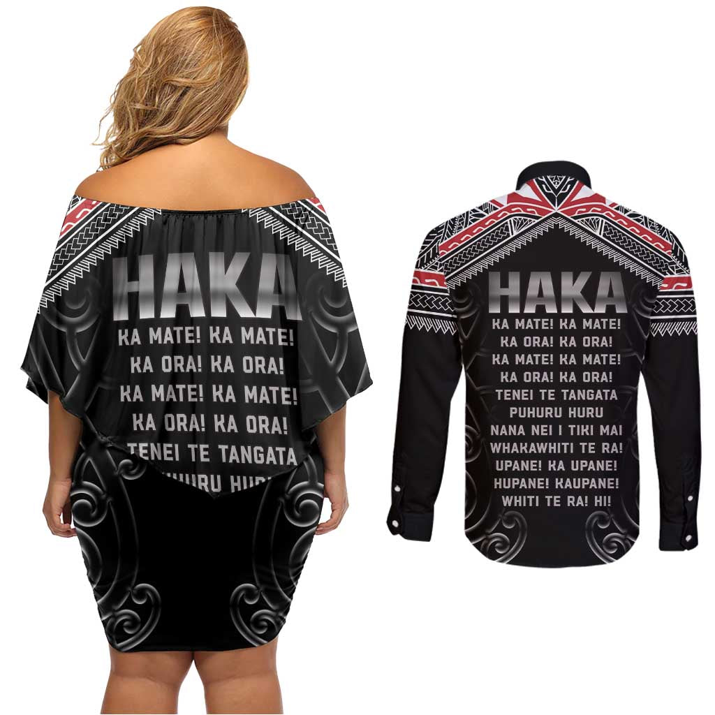 New Zealand Aotearoa Couples Matching Off Shoulder Short Dress and Long Sleeve Button Shirt Traditional Kapa Haka LT05 - Polynesian Pride